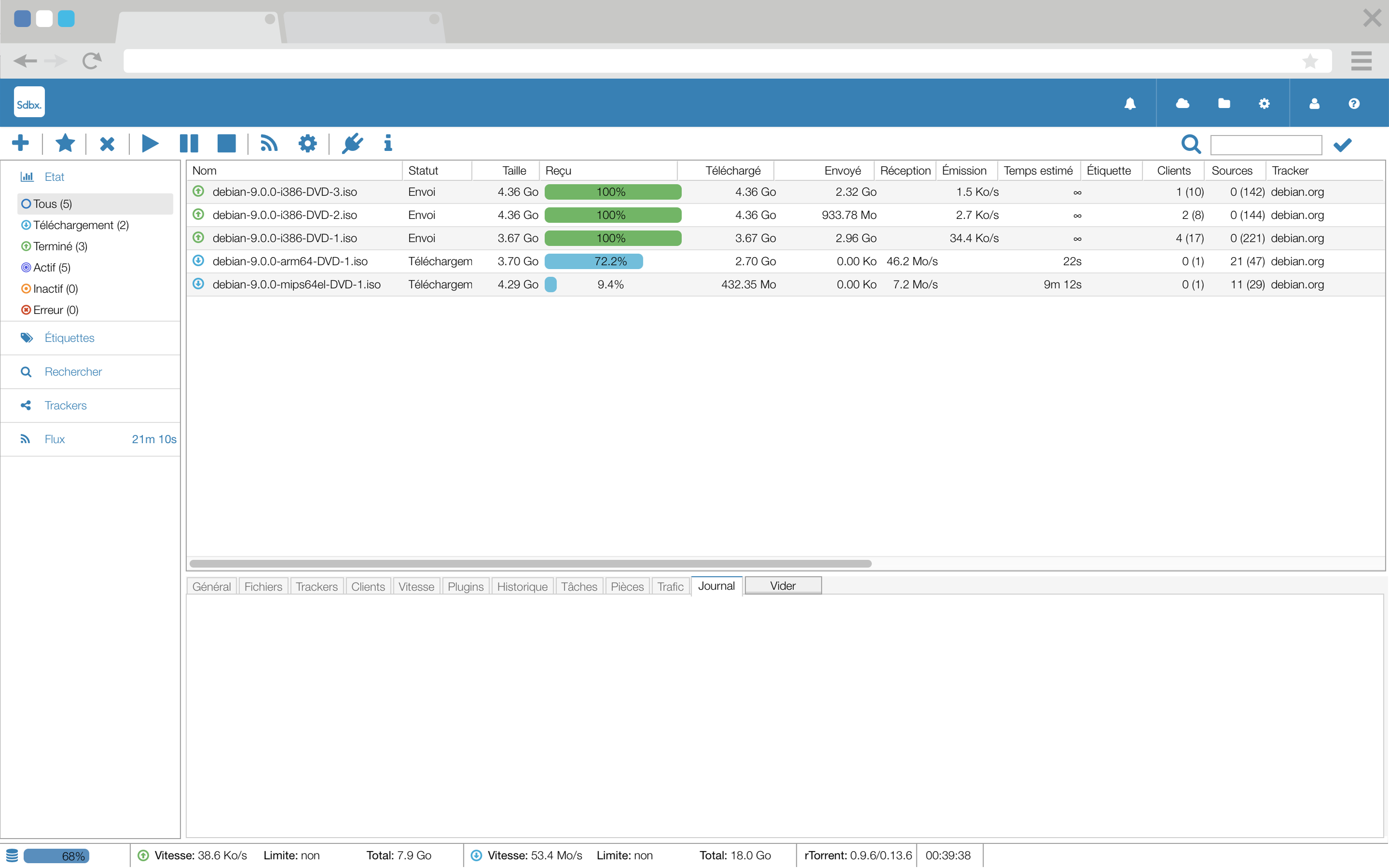 Client BitTorrent Seedbox avec son interface ruTorrent